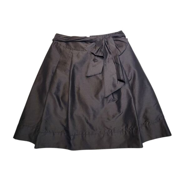 Trina Turk Silk Crepe Black A-Line Pleated Midi Skirt Bow Ties Waist Pockets - Picture 2 of 12